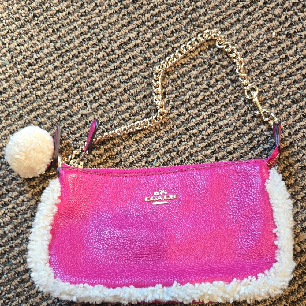 Coach Pink Fuchsia Shearling Leather Hand Bag with Gold Chain EUC